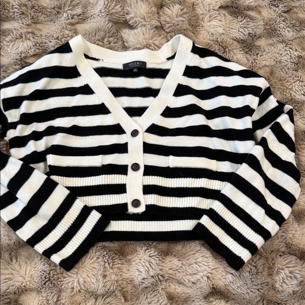 VICI Black and White Striped Cropped Cardigan
